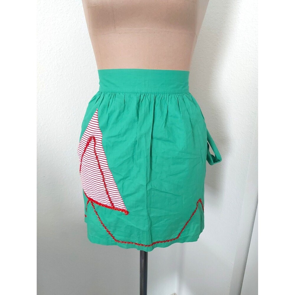 Vintage Green Red Holiday Christmas Tree Half Apron With Pocket Handmade